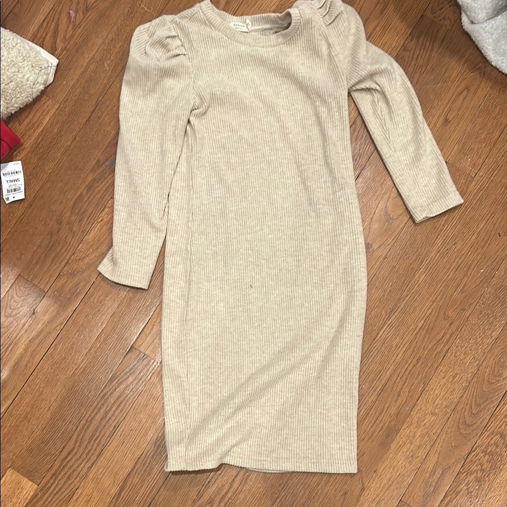 Ribbed Beige Long Sleeve Dress